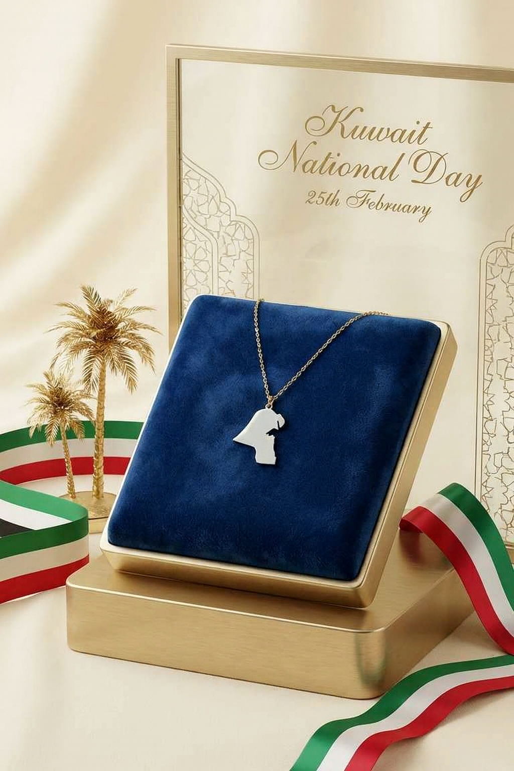 Jewelry box with a necklace featuring a heart pendant on a 'Kuwait National Day' background.